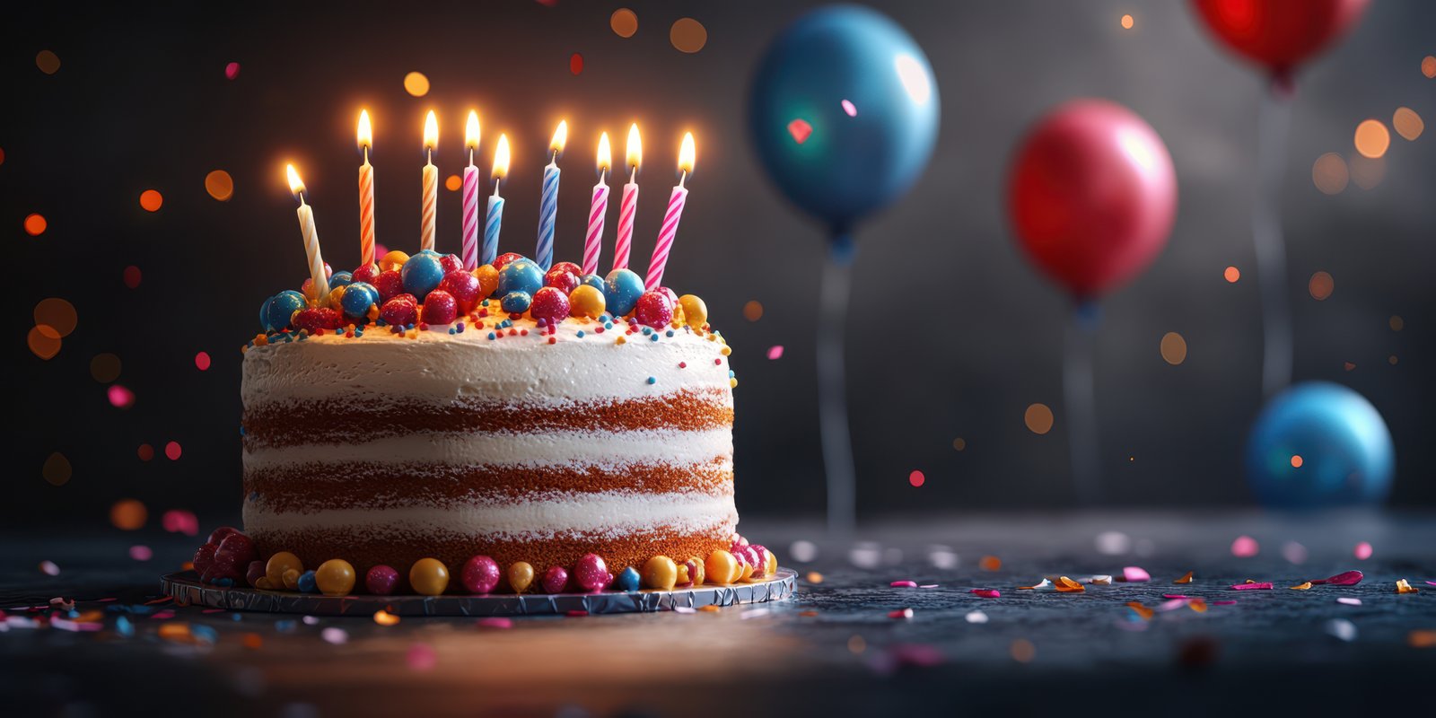 Celebratory birthday cake with colorful candles and balloons during a joyful party atmosphere